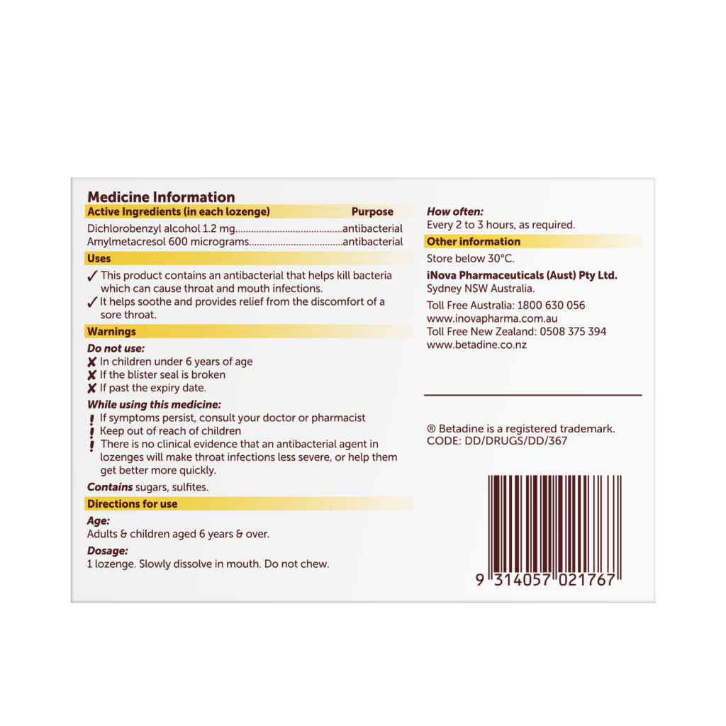 Betadine Sore Throat Honey and Lemon Lozenges 16