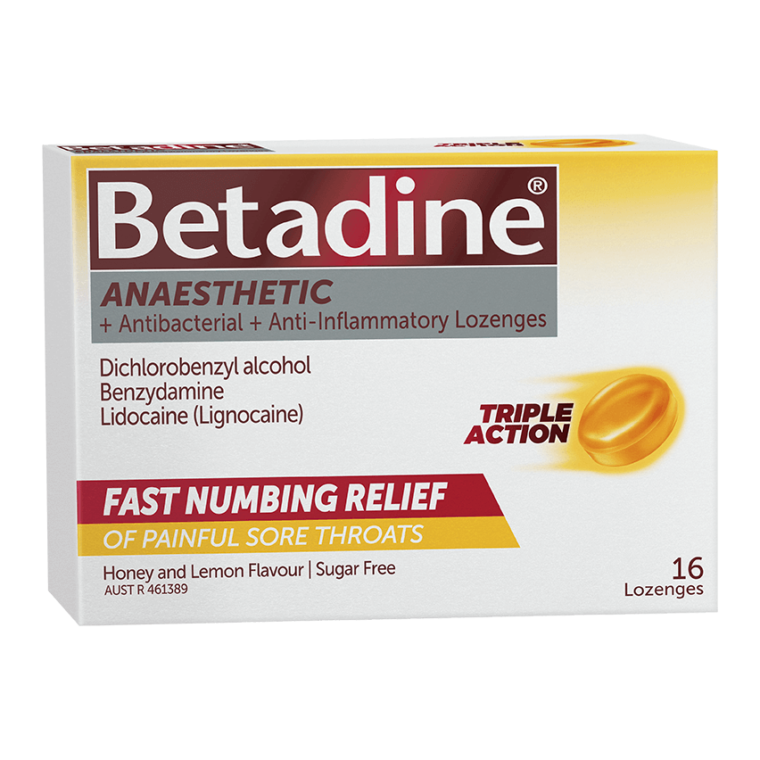 Betadine Anaesthetic Lozenges Honey & Lemon 16 Pack 3d packaging