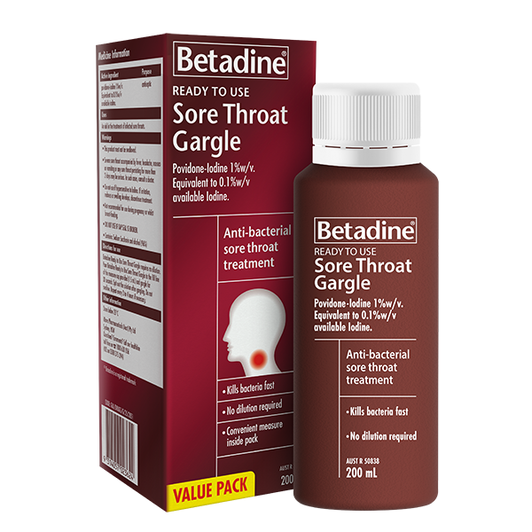 Betadine Ready To Use Sore Throat Gargle 200mL 3d product image