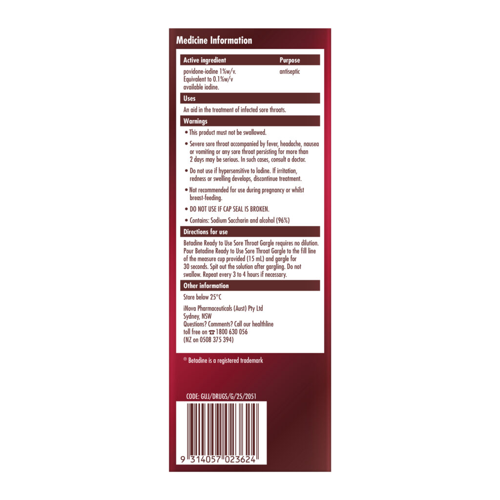 Betadine Ready To Use Sore Throat Gargle 200mL
