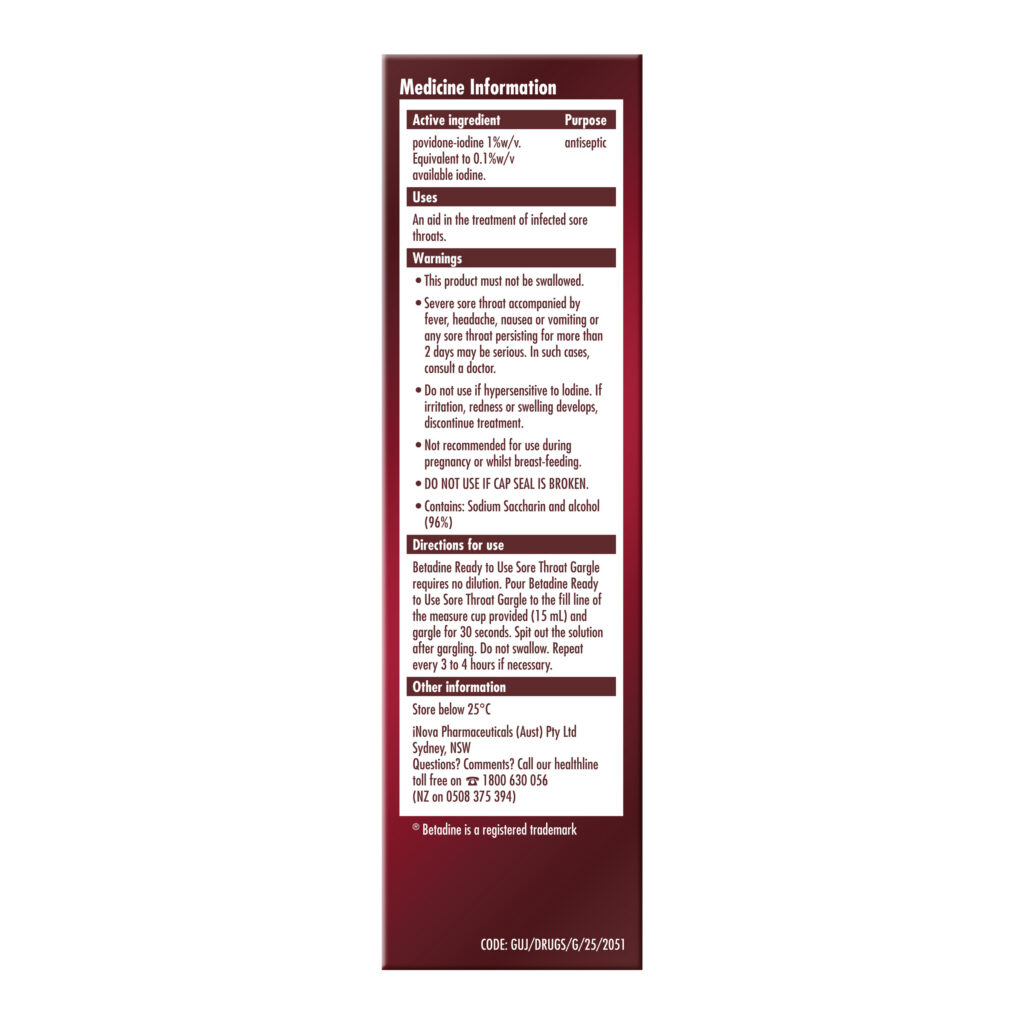 Betadine Ready To Use Sore Throat Gargle 120mL