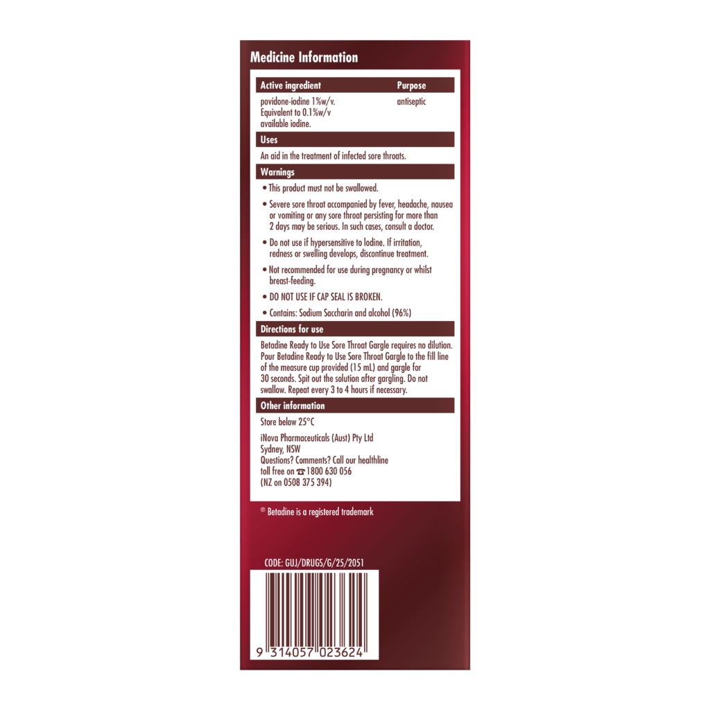 Betadine Ready To Use Sore Throat Gargle 200mL