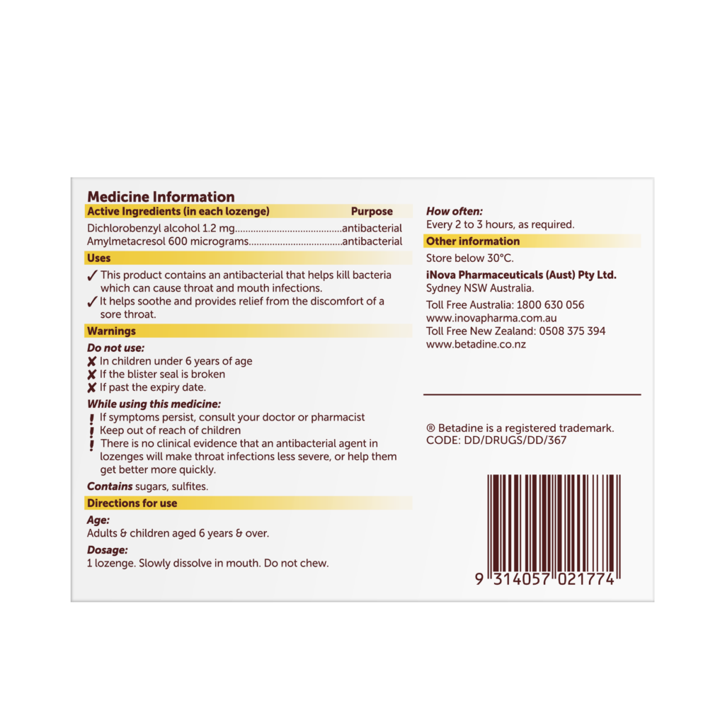 Betadine Sore Throat Honey and Lemon Lozenges 36